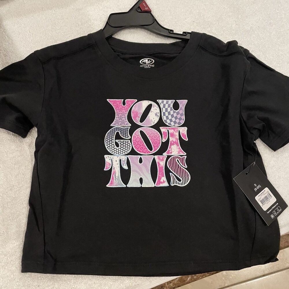 Athletic Works Girls Black Shirt Size Small 6-6X YOU GOT THIS Graphic Print NWT